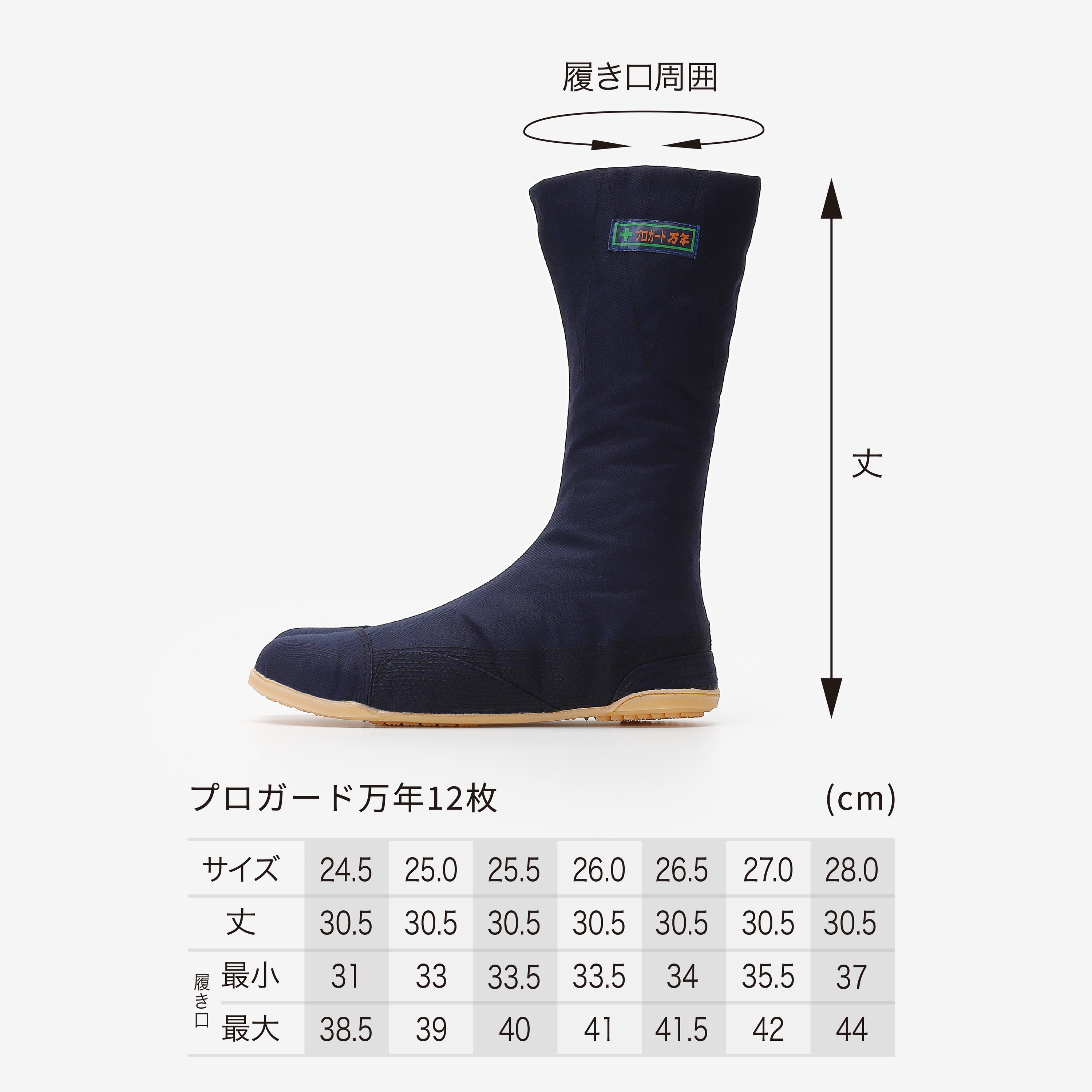 プロガード万年12枚　紺のサイズ表